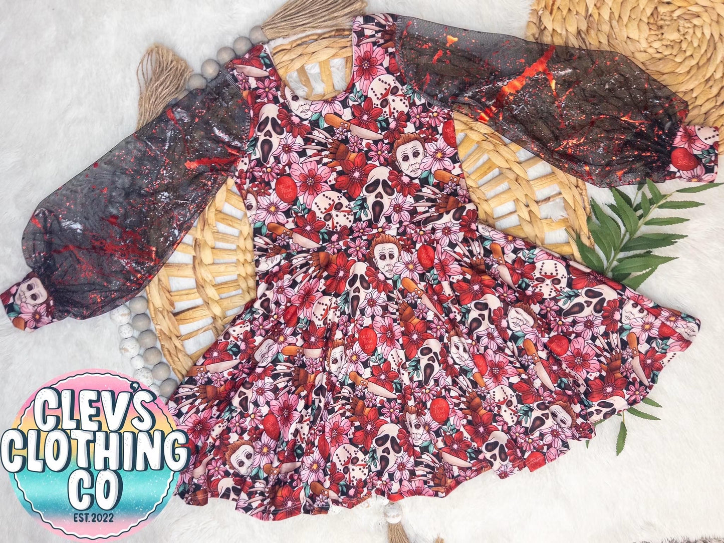 FLORAL HORROR DRESS WITH MESH SLEEVES